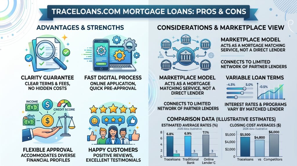 Traceloans.com Mortgage Loans Review 2026: Pros, Cons, Rates & How It Works split comparison image showing pros 202606100024