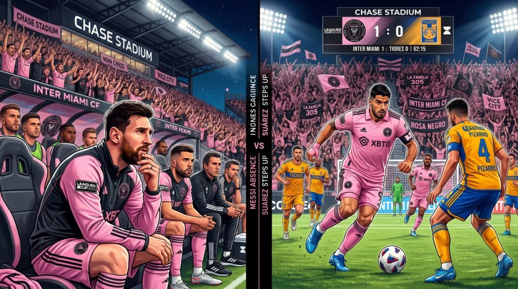 Tigres vs Miami 2025: Inter Miami 2-1 Tigres Result & Highlights split image showing emotional football 202606072016